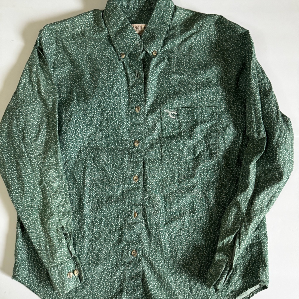 Green and white the Ranch Wear brand button up long sleeve.